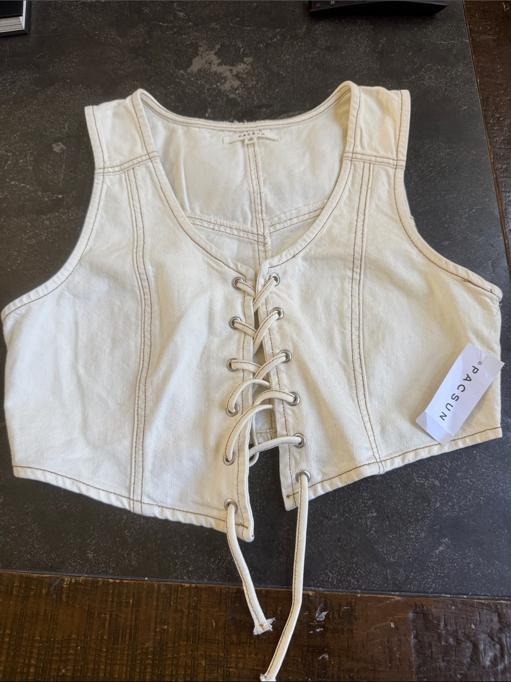 PacSun Cream Lace-Up Denim Crop Tank Medium NWT